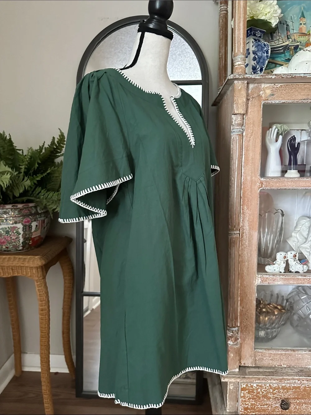 Tuckernuck Forest Green Cotton Dress with White Trim